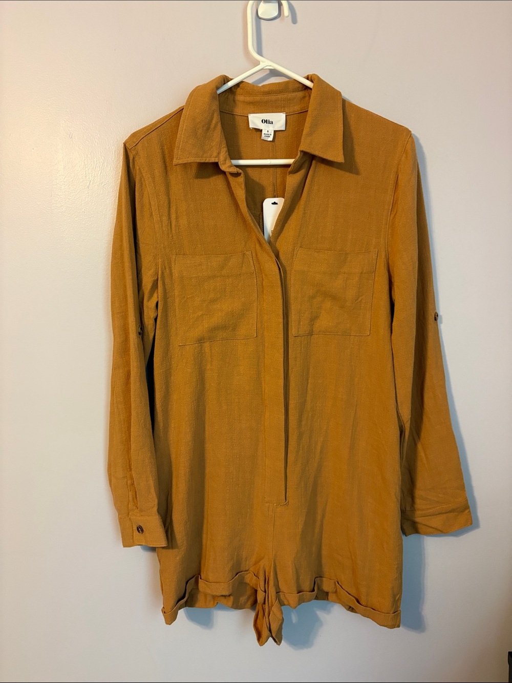 Olia Linen Blend Brown Long Sleeve Romper Button Front size S